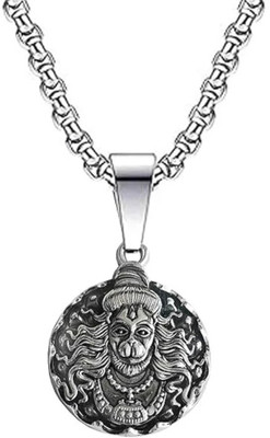morgo Bajrang Bali Hanuman Ji Pendant Oxidised Silver For Men With Box Chain Rhodium Metal Locket Set