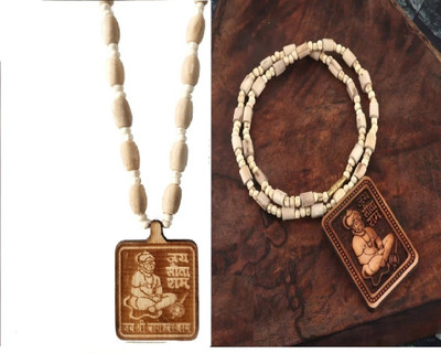 Green Spiritual Shri Bageshwar Dham Tulsi Kanthi Mala with Tulsi Hanuman ji Locket Combo Wood Pendant