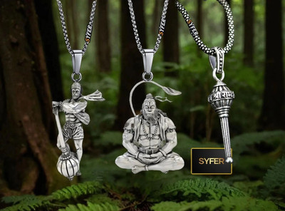 Diivine Hindu Lord Hanuman With Gada Pendant for Men & Women, Hanuman Locket (COMBO) Silver, Gold-plated Brass Locket