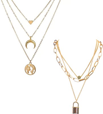 RVM Jewels 2 Set 3 Layer Step Multi Layered Necklace Western World Moon Lock Big Chain Gold Gold-plated Alloy