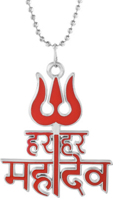 RN Silver Red Plated Trishul with Har Har Mahadev, Shiv Bholenath Pendant Locket Silver Cubic Zirconia Brass Pendant