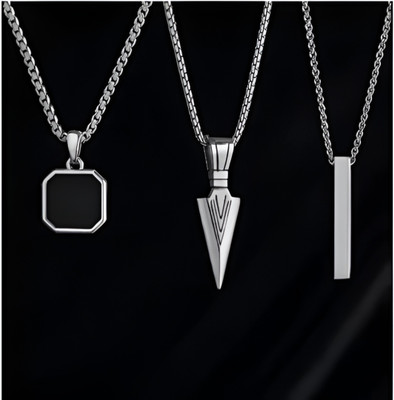 GanPatique (Combo Of 3)- Men’s Stainless Steel Pendant Necklace Set | Boys Chain Locket. Rhodium Stainless Steel Pendant Set