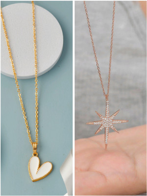 Divastri Korean jewellery Gold Plated Pendant and chain for Girls/Women 2 Combo Gold-plated Pearl Brass Pendant Set