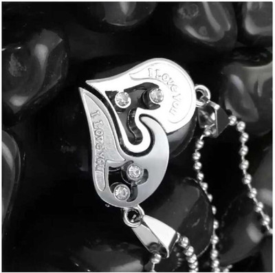 m a enterprises Dual Color Heart Locket with Chain for Couple Stainless Steel Silver White Silver Metal Pendant Set