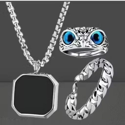 Faizam Collection Bracelet & Men Black Locket with Blue Owl Eye Ring for Men & Women Pack of 3 Silver Stainless Steel