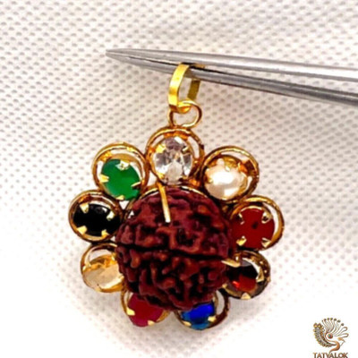 TATVALOK Navratna Rudraksha Pendant 9 Gemstone & Original Rudraksha Locket for Men&Women Brass Pendant