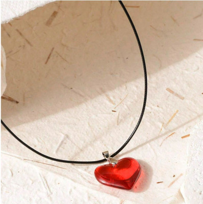 Whitechimes Red Heart Glossy Leather Cord Necklace for Girls and Women Glass Pendant