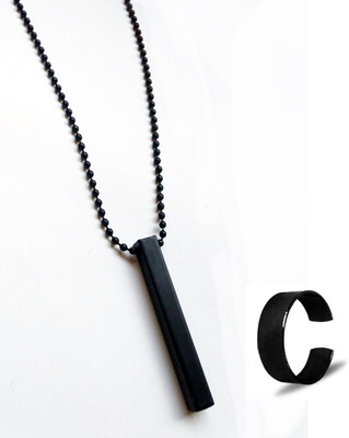 Vivity 3D Vertical Bar Pendant & Adjustable Black Ring Combo Set Black Silver Stainless Steel Pendant Set