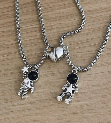 Whitechimes Lovers and Couple Premium Heart Shape Magnetic Stainless Steel Pendant Set Rhodium Stainless Steel Pendant Set