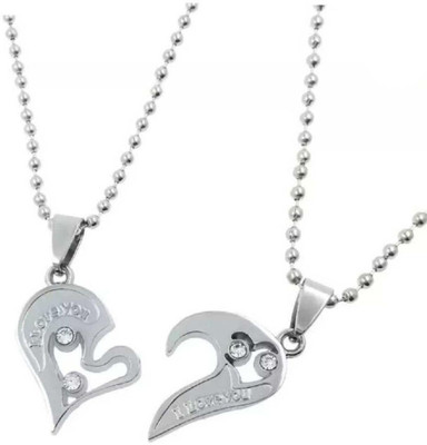 Animated Lover Couple Love Heart 2 Piece Joining Couple Pendants Necklace Chain Pair Silver Metal Pendant Set