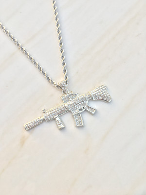 Chainzilla Iced Out Alloy Steel Horizontal Ak47 Pendant(Silver,White)For Men Rhodium Cubic Zirconia Stainless Steel, Alloy Pendant