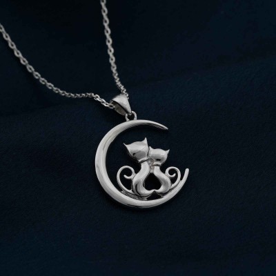 ZALKARI Silver Dreamy Moon Couple Cat Pendant Rhodium Cubic Zirconia Sterling Silver Pendant