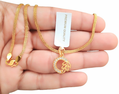 SAPNAPALACE CIRCLE LEAF SMALL SIZED DIMOND GOLD PENDANT WITH 2 LINE CHAIN Gold-plated Diamond Brass Pendant Set