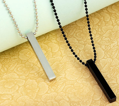 Astrootalk Combo Of 2 Pcs 3D Vertical Bar Stick Cuboid Locket Pendant Necklace Ball Chain Black Silver Stainless Steel Pendant Set