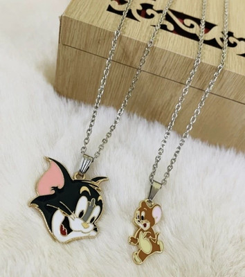 Diivine Hindu Tom & Jerry Best Friend Loving Couple Pendent Necklace Chain Set Silver Plated Silver Alloy Locket Set