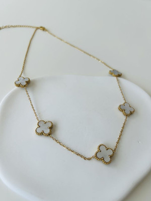 SHREE ELEGANCE Four-Leaf Clover Gold Necklace (White) Gold-plated Stainless Steel Pendant