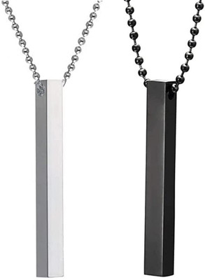 ruby collection Combo Of 2 Pcs 3D Vertical Bar Stick Cuboid Locket Pendant Necklace Ball Chain Black Silver Stainless Steel Pendant Set