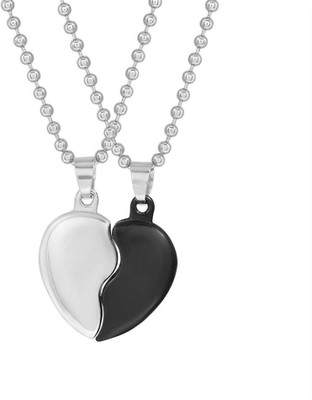 house of common Blak & Silver I Love U Broken Magnetic Heart Couple 2 In 1 Duo Locket Pendant Stainless Steel Pendant Set