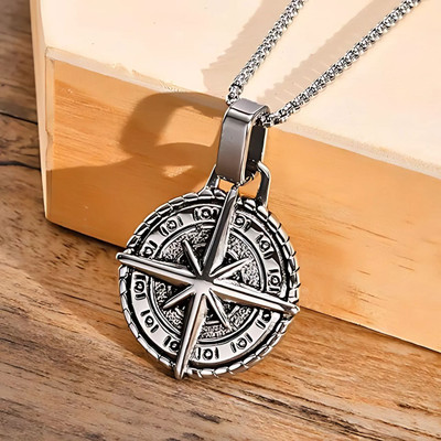 ruby collection Viking Compass Pendant For Men Punk Hip Hop Biker Cross Necklace Stainless Steel Pendant