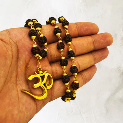 Madhur Creation Most Beautiful Bhagwan Mahadev Dotted Locket Pendant With 5 Mukhi Rudraksha Mala Gold-plated Beads Brass, Wood Pendant