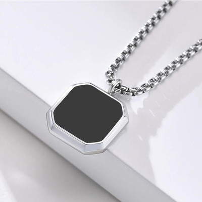 Diivine Hindu Black Onyx Octagon Inlay Square Pendant/Necklace, Men Black Onyx Amulet Pendant Silver Stainless Steel Pendant Set