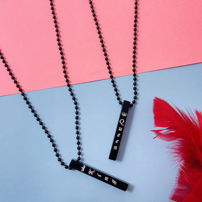 Agarwalproduct 3D Vertical Bar King Queen Stick Locket Pendant Necklace Alloy Locket Set Rhodium Alloy Pendant Set