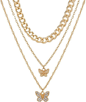 Vembley Three Layered Studded Butterfly Chain Necklace For Girls And Women Gold-plated Alloy Pendant