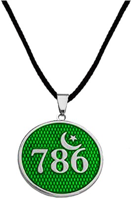 AFH 786 Allah Lucky Number Moon & Star with Cord Chain Green Pendant Rhodium Metal Pendant