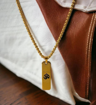 privyani Flat Bar Golden Lord Shiva Mahadev Mahakaal Om Locket Pendant Necklace Box Chain Stainless Steel