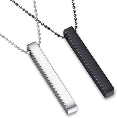 Lyzoo Combo Of 2 Pcs 3D Vertical Bar Cuboid Stick Locket Pendant Necklace Ball Chain Black Silver Stainless Steel Pendant Set