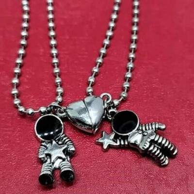 Whitechimes Astronaut Magnetic Heart Couple Pendant With Premium Hand Couple Bracelet Stainless Steel Pendant Set