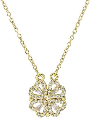 EVAH JEWELS Heart Shaped Clove Magnetic Open and Close Gold-plated Cubic Zirconia Stainless Steel Pendant Set