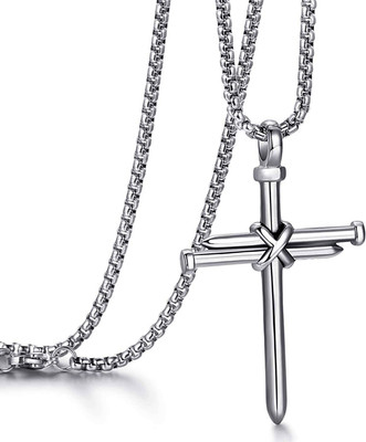 P. R. PRINTS Christian Jesus Cross Pendant for Men/Boy Stylish Biker Cross Locket Silver Plated Stainless Steel Necklace Set