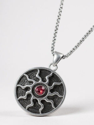 RAPPERSSHOP Silver Sun Medallion Pendant Locket with Red Stone Sterling Silver Cubic Zirconia Stainless Steel Pendant Set