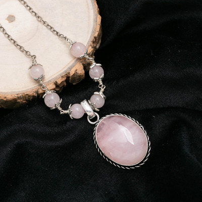 ShrimJewels Handcrafted Oxidised Silver Rose Quartz Gemstone Pendant Necklace Rose Quartz Copper Plated Brass, Stone Necklace
