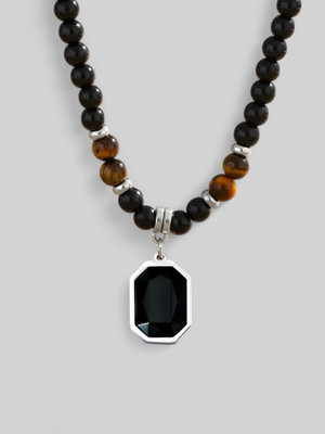 KURMASHOP Men Stainless Steel Tiger Eye Stone Studded & Beaded Pendants with Chains Silver Beads Stainless Steel Pendant Set