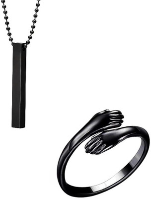 Vivity Stunning Trendy Combo of Black Ball Bar Pendant and Hug Ring for Couple Silver Alloy Pendant Set