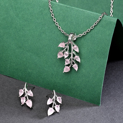 ZENEME Rhodium-Plated Pink Leaf Sterling Pendant Set With Earring Alloy Pendant Set