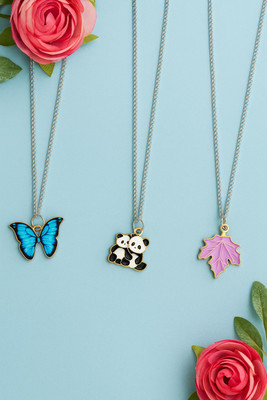 BSKSTore Pendant Necklaces for Girls & Teens - Butterfly, Panda, & Leaf Enamel Charm Set Sterling Silver Pendant Set