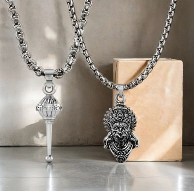 BigWheels CMB8142-1 Mahavir Mahabali Hanuman Face/Head & Gada/Mace Pendant Locket Necklace Stainless Steel Pendant Set