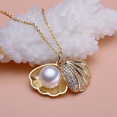 Lila Artificial Pearl Mermaid Stylish Necklace with Little Sea Shell Locket Pendant Cubic Zirconia Stainless Steel Pendant Set