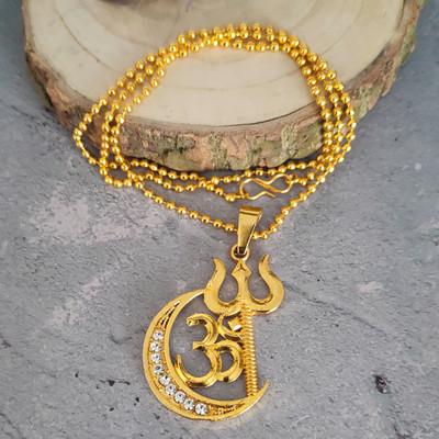 Sullery Religious Shiva Om Trishul Pendant With Ball Chain Gold-plated Brass Pendant