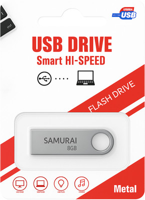 Samurai Metal USB Flash Drive, Portable Keyring Design, Silver Aluminium | Pack of 1 8 GB Pen Drive Compatible with Desktop Computer USB 2.0 Metal Case(Silver)