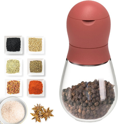 YELONA Glass Body Salt & Pepper Grinder/Shaker Adjustable Coarseness & Airtight Lid Borosilicate Glass, PP (Polypropylene) Traditional Pepper Mill(Red, Pack of 1)