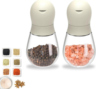 YELONA Glass Body Salt & Pepper Grinder/Shaker Adjustable Coarseness & Airtight Lid Borosilicate Glass, PP (Polypropylene) Traditional Pepper Mill(White, Pack of 2)
