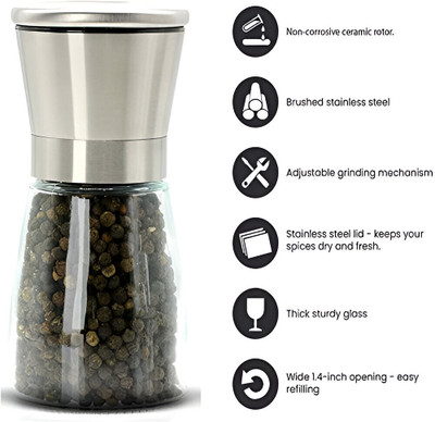 Glitzn Salt pepper grinder spice jar Glass Traditional Pepper Mill(Silver, Pack of 1)