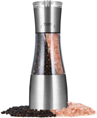 Dhyanm Enterprise 2 in 1 Manual Stainless Steel Salt Pepper Mill Herb Spice Grinder Shakers Stainless Steel, Glass Traditional Pepper Mill(Silver, Pack of 1)