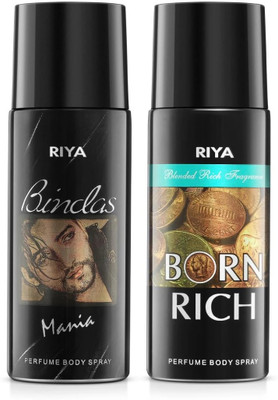 RIYA Bindas And Born Rich Body Spray Deodorant For Men Pack Of 2 150 Ml Each Deodorant Spray  -  For Men(300 ml, Pack of 2)