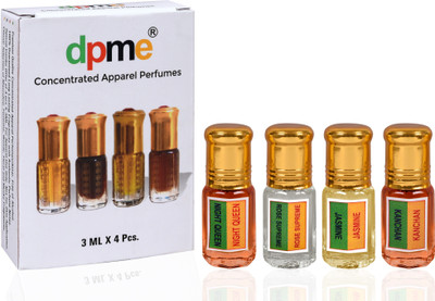 dpme Combo Pack - 4 Bottles of FLORAL Collection of Attar Oils (Rose Supreme 3ml, Raat Rani 3ml, Jasmine 3ml, Kanchan 3ml). Classic Floral Collection Natural and Real Fragrance Pure Perfume - 12 ml(For Men & Women) dpme Combo Pack - 4 Bottles of FLORAL Collection of Attar Oils (Rose Supreme 3ml, Raat Rani 3ml, Jasmine 3ml, Kanchan 3ml). Classic Floral Collection Natural and Real Fragrance Pure Perfume - 12 ml(For Men & Women)