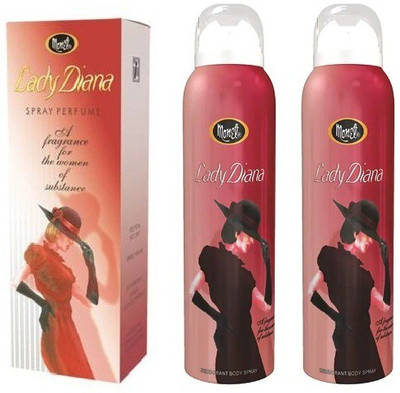 MONET 1 LADY DIANA PERFUME 60ML , 2 LADY DIANA DEODORANT 150ML EACH , PACK OF 3. Perfume  -  360 ml(For Men & Women)